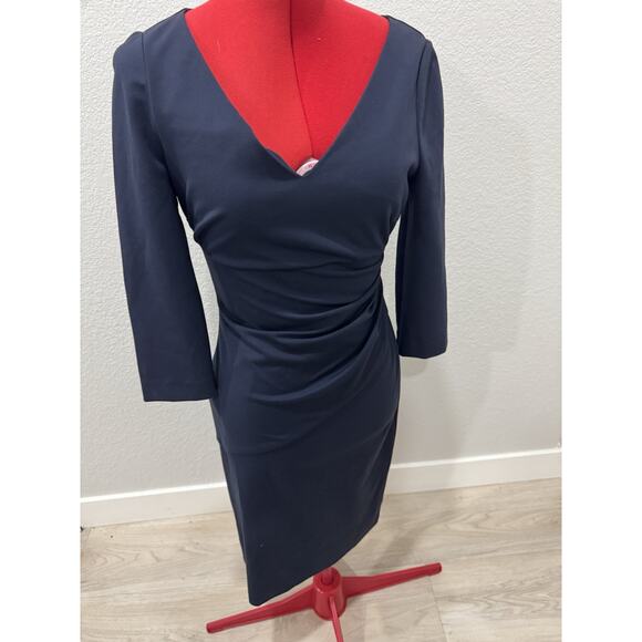 Elegant Navy Blue Sheath Dress Ruched V-Neck 3/4 Sleeve Cocktail Party - Picture 1 of 9